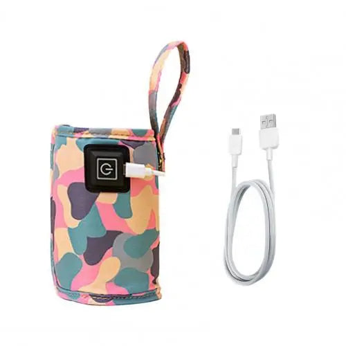 Newborn feeding essential: black portable USB bottle warmer bag, insulated for travel.