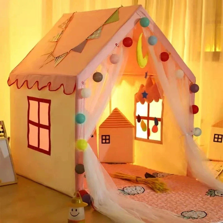 Pink princess castle kids play tent, foldable for indoor/outdoor imaginative play. Perfect toddler toy.