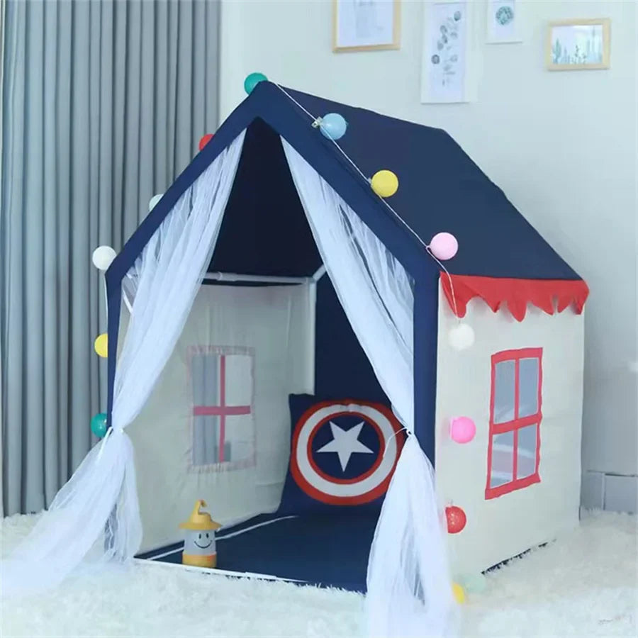 Children's pink pop-up play tent with flags, ideal for imaginative play space in bedroom decor.