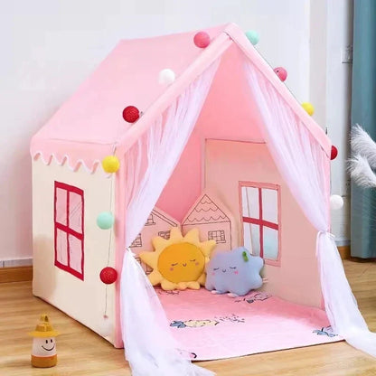 Toddler girl laughing inside a princess castle play tent, a perfect birthday gift for indoor fun.