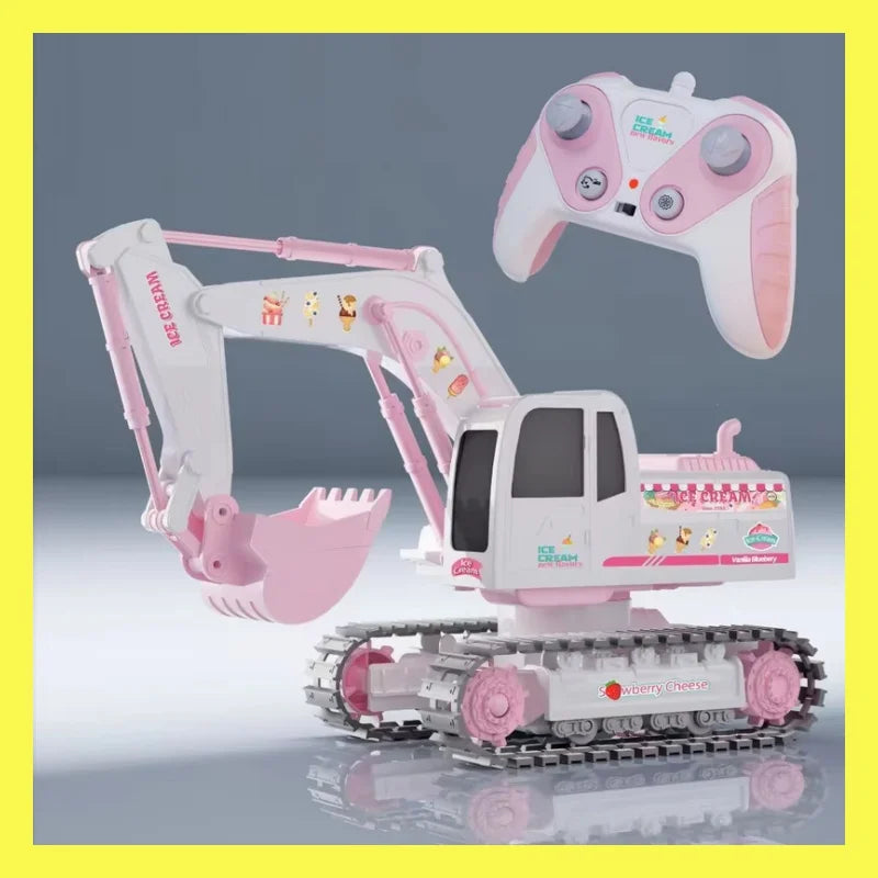 Pink remote control excavator toy for girls, fully functional RC construction vehicle for kids play