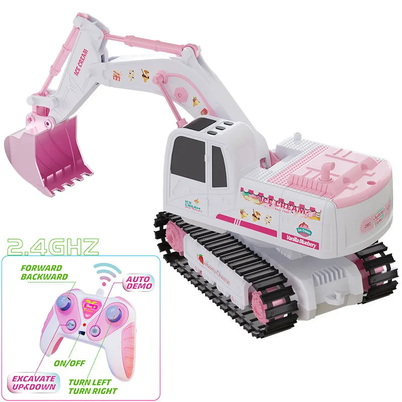 Close-up of a pink remote control excavator's shovel, perfect for girls' construction play