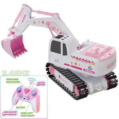 Close-up of a pink remote control excavator's shovel, perfect for girls' construction play