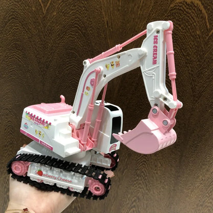 Remote control excavator toy with tracks, a durable pink RC vehicle designed for girls' fun