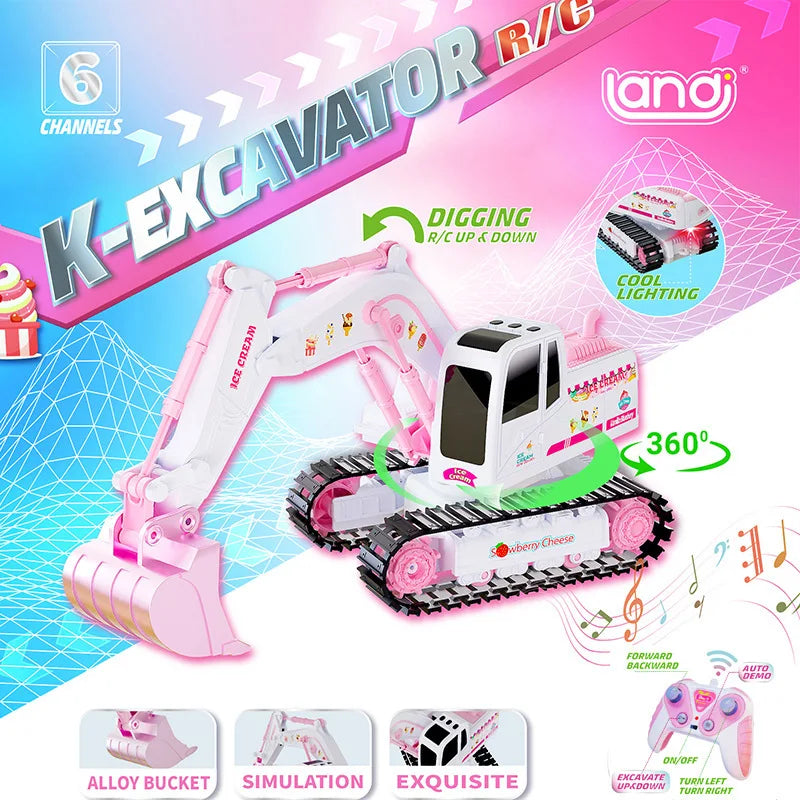 Girls' RC excavator toy in action, digging with its remote control shovel, an engaging educational toy