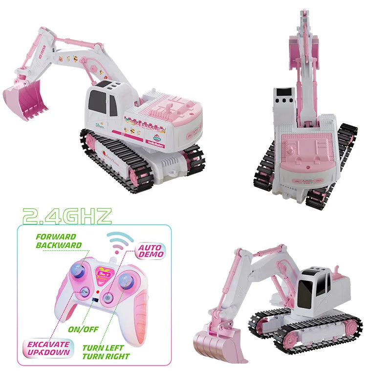 Pink remote control excavator and controller, a complete kids' construction toy set for girls