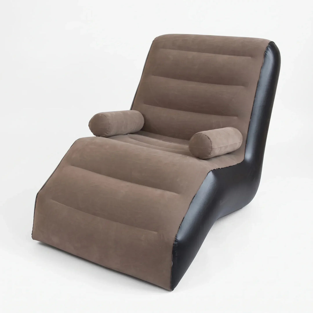Portable S-shaped inflatable lounger in coffee, ideal for relaxation, home decor, garden, or patio comfort.