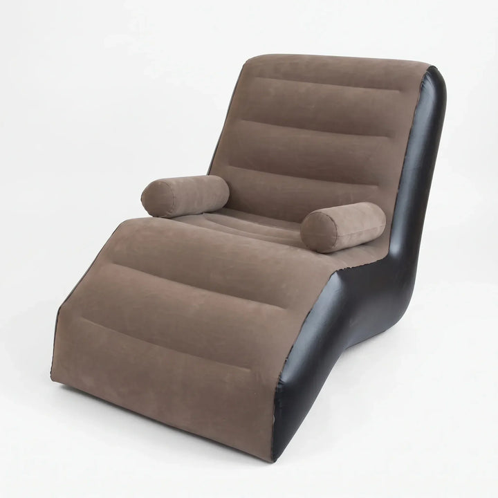 Portable S-shaped inflatable lounger in coffee, ideal for relaxation, home decor, garden, or patio comfort.