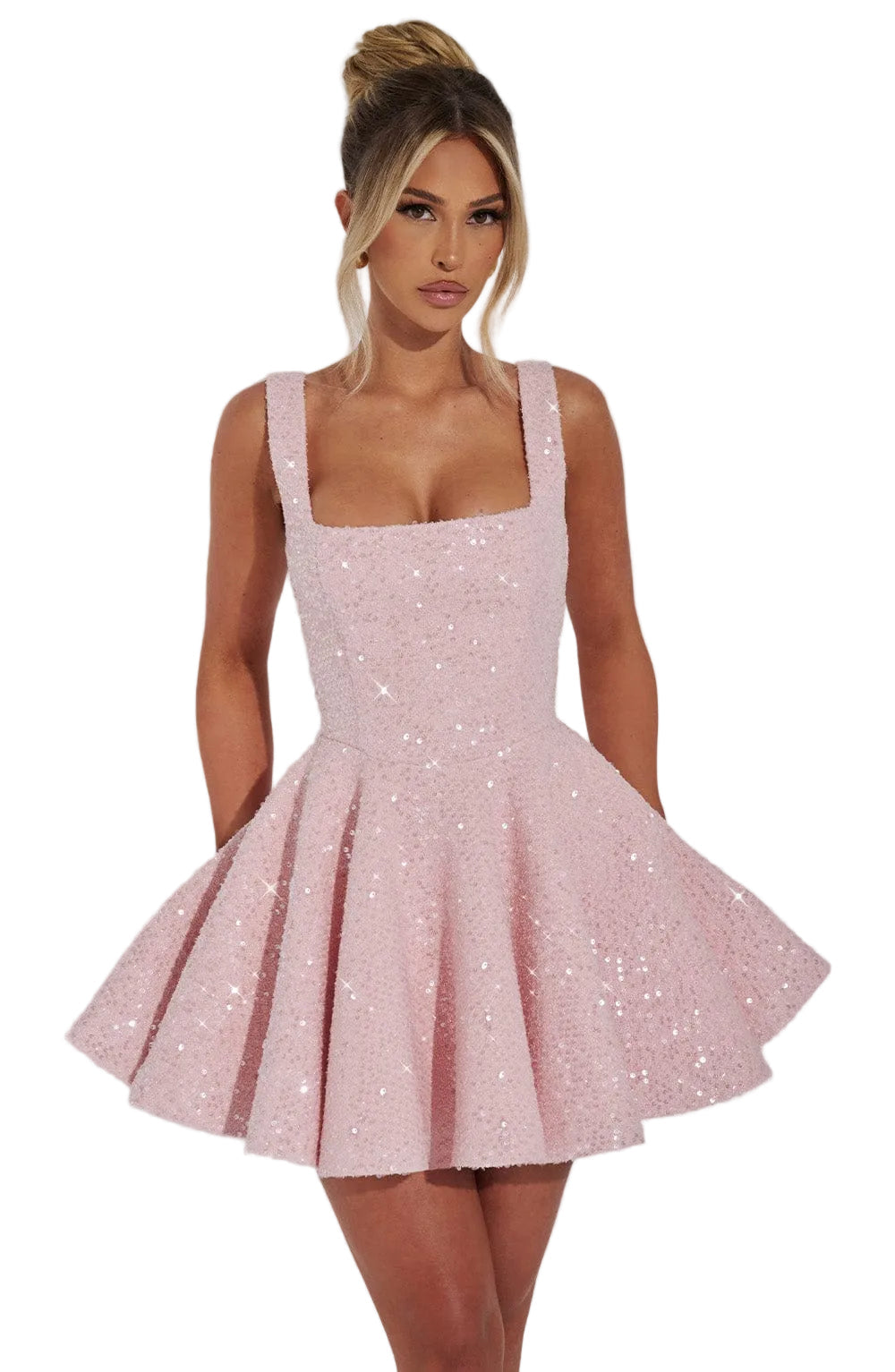 Pink sequin skater homecoming dress for women with bow, perfect for dancing & parties.