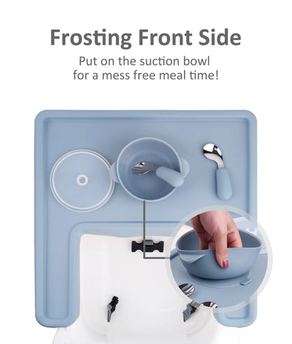 Blue silicone high chair mat, illustrating its ability to catch dropped food. Mess-free mealtime.