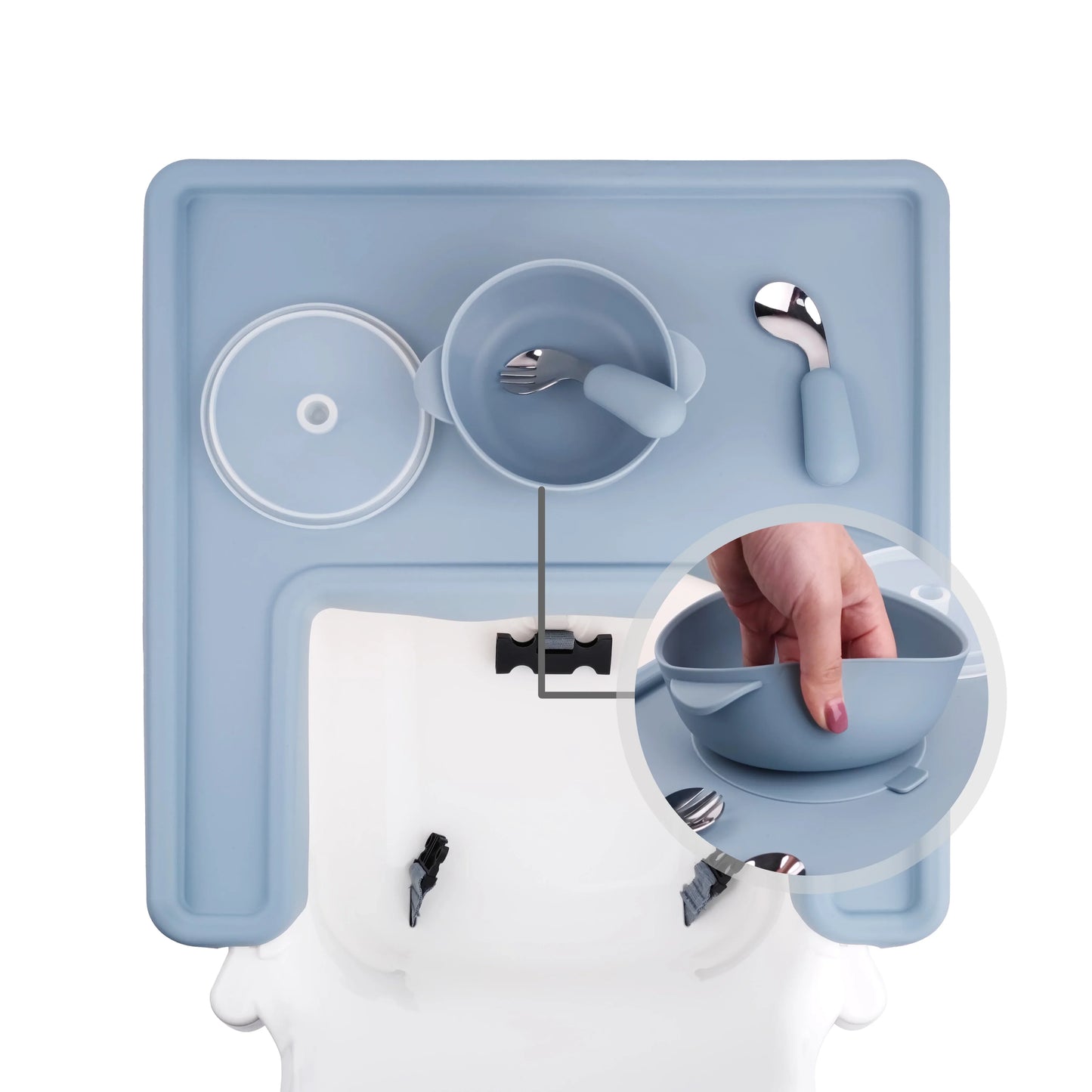 Gray food-grade silicone placemat, ideal for baby feeding on a high chair. Non-slip & easy to clean.