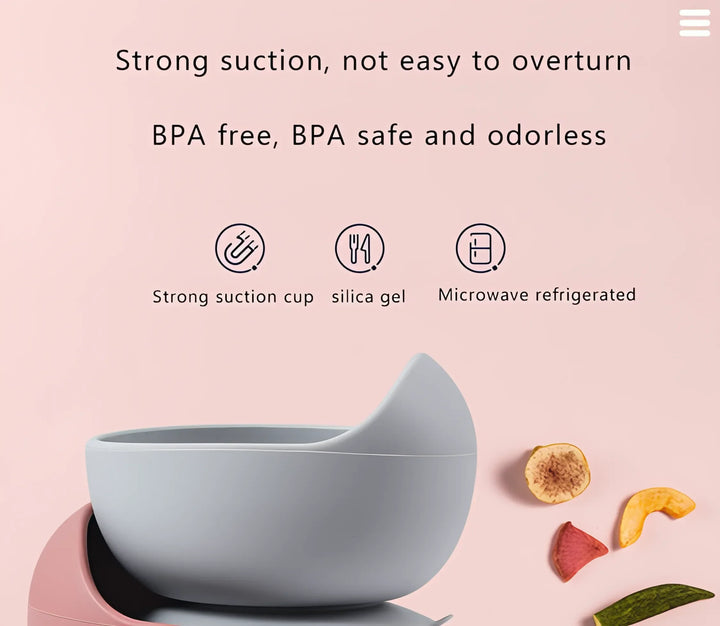 Mess-free baby feeding with a soft silicone suction bowl, ideal for weaning.