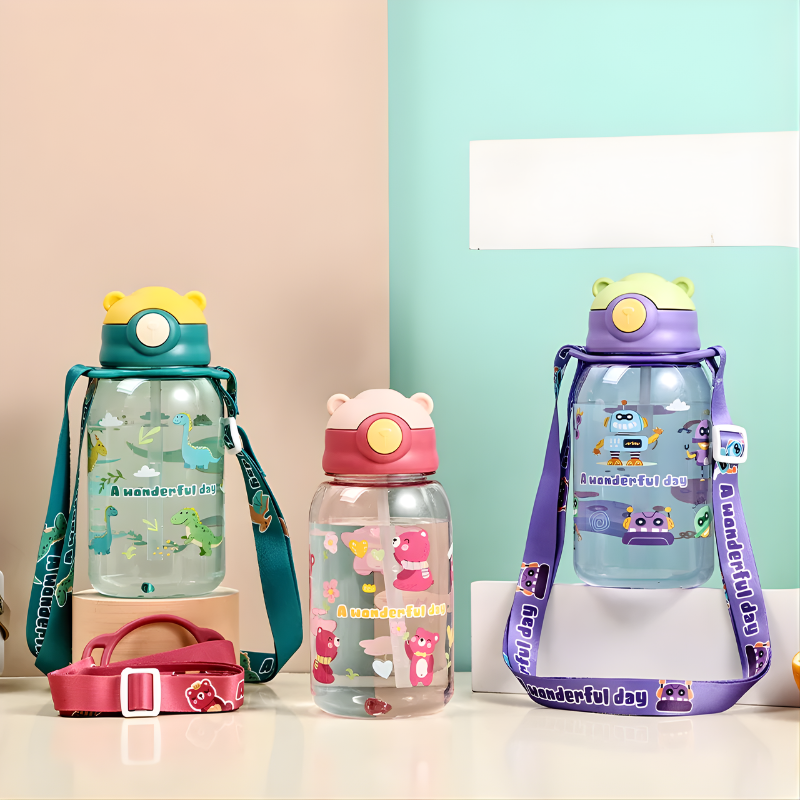 Pink toddler spill-proof water bottle with straw & handle, perfect for baby hydration and travel