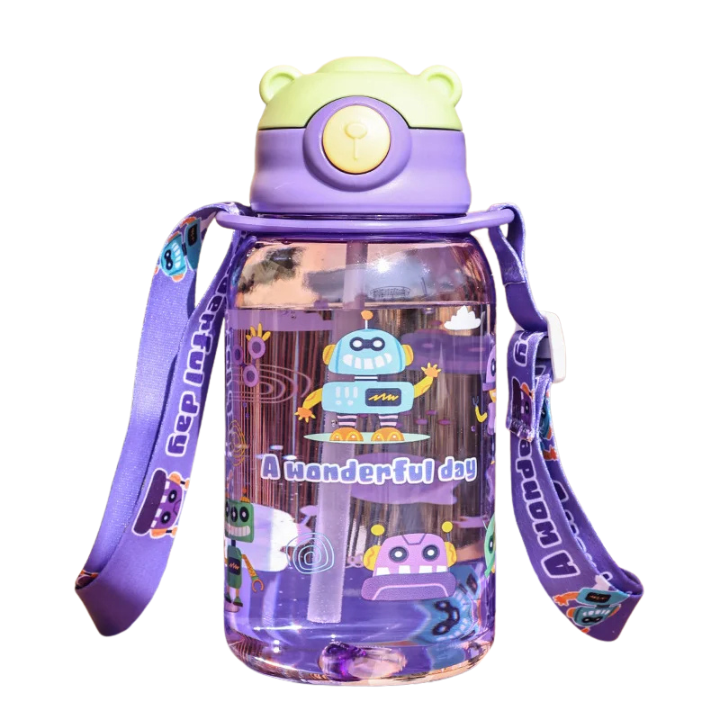 Toddler spill-proof water bottle, pink, green, & purple options with straw and handle for kids