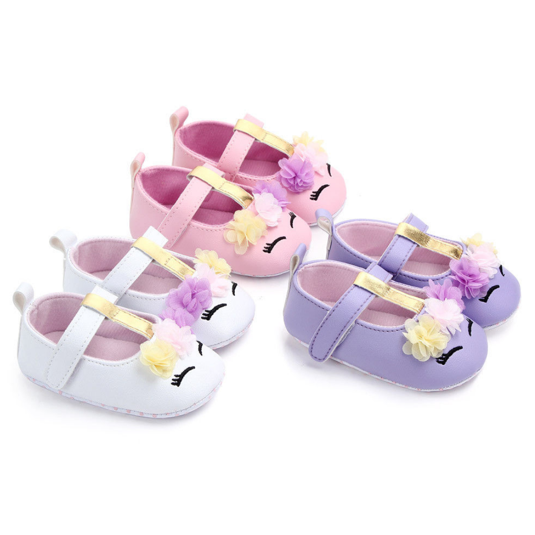 Pink unicorn first walker shoes for girls with flower design, soft sole for baby development
