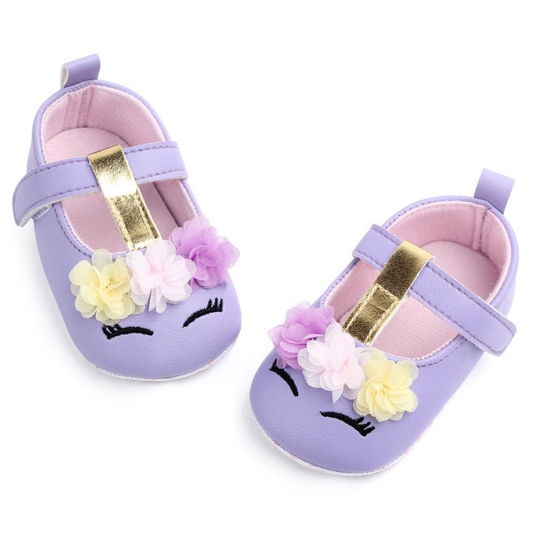 White baby girl unicorn first walker shoes, soft sole and anti-slip for safe steps