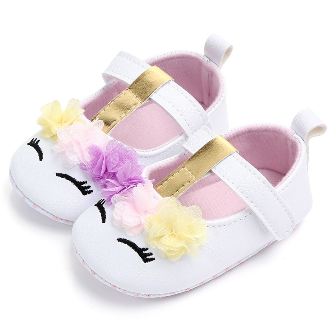 Girls pink & purple flower unicorn first walker shoes with soft, flexible anti-slip sole