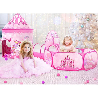 Foldable pink children's play tent with unicorn illustration, ideal for kids' imaginative games and outdoor fun.