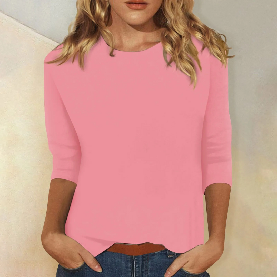 Pink women's comfortable 3/4 sleeve round neck top, perfect for casual everyday wear & versatile style.