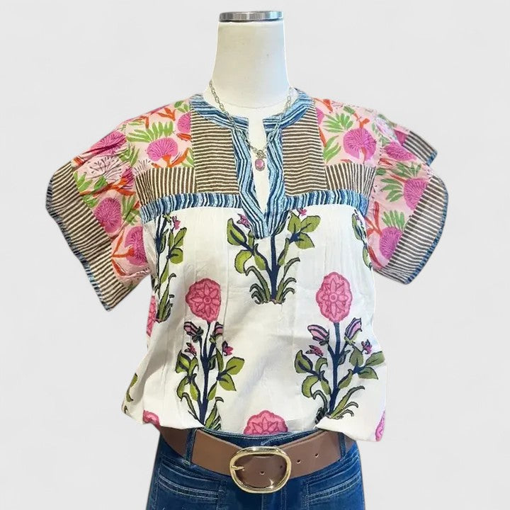 Pink women's embroidered bohemian blouse with relaxed fit, perfect for casual spring & summer wear.