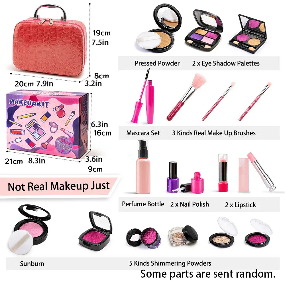 Children's pretend makeup kit with toy brushes, lipstick, and eyeshadows for safe, imaginative role play fun.