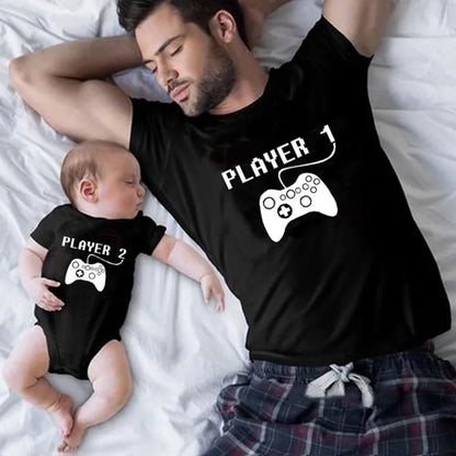 Player 1 & Player 2 matching family shirts, perfect for gamer family photo shoots, casual cotton blend.
