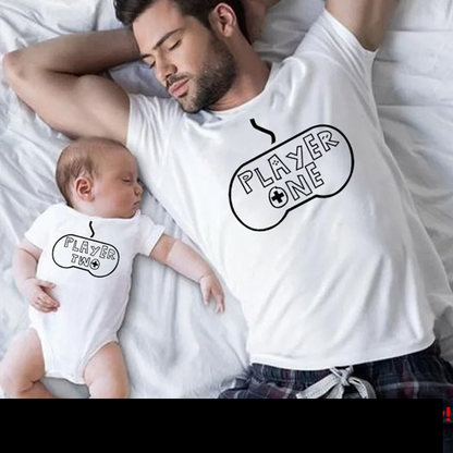 Unisex Player 1 and Player 2 family shirts, durable cotton blend for everyday casual wear.