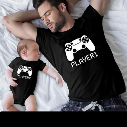Matching 'Player 1' and 'Player 2' t-shirts, ideal for family photos or as a gift.
