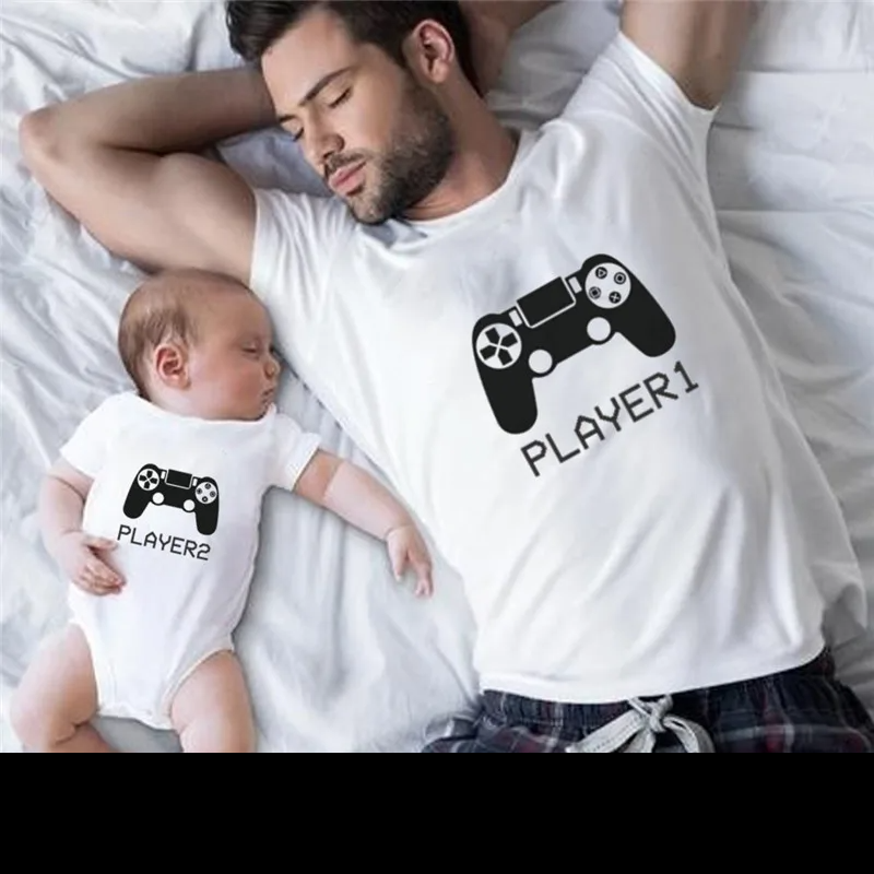 Gamer family apparel: Player 1 and Player 2 matching outfits for adults and kids.