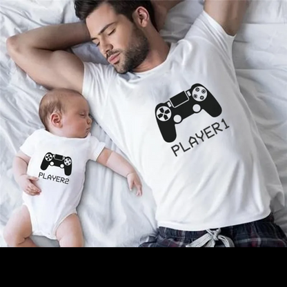 Gamer family apparel: Player 1 and Player 2 matching outfits for adults and kids.