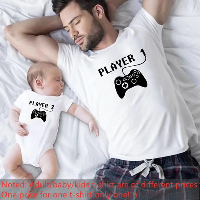 Unisex Player 1 & Player 2 graphic tees, perfect for family matching outfit and photo ops.
