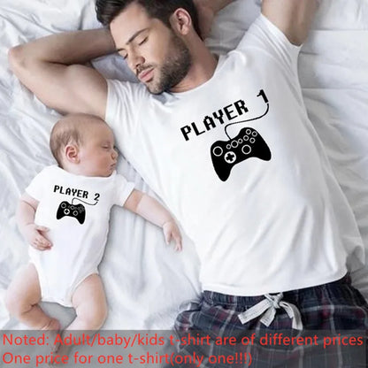 Unisex Player 1 & Player 2 graphic tees, perfect for family matching outfit and photo ops.