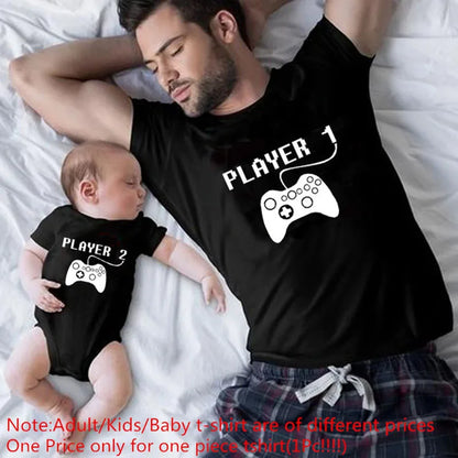 Matching family shirts featuring 'Player 1' and 'Player 2' designs, cotton blend comfort.
