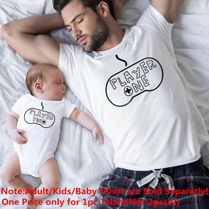 Kids apparel 'Player 2' matching shirt with adult 'Player 1', great for gamer families.