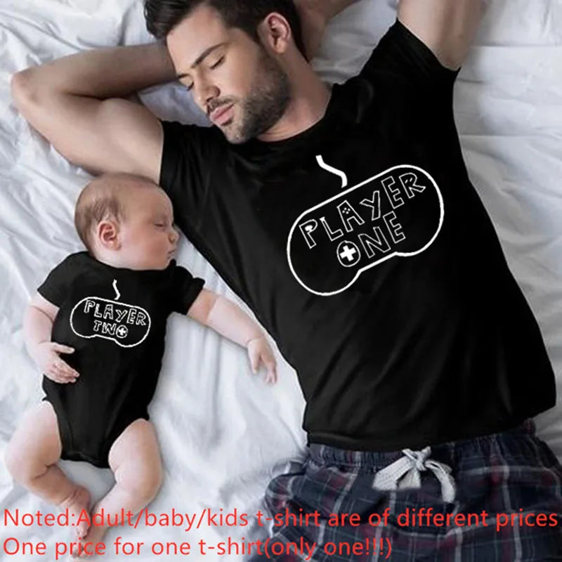Casual family matching shirts: Player 1 for adults, Player 2 for children, gift for family.