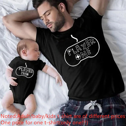 Casual family matching shirts: Player 1 for adults, Player 2 for children, gift for family.