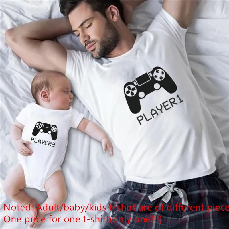 Player 1 & Player 2 themed cotton blend shirts for mom, dad, and kids, family photo ready.