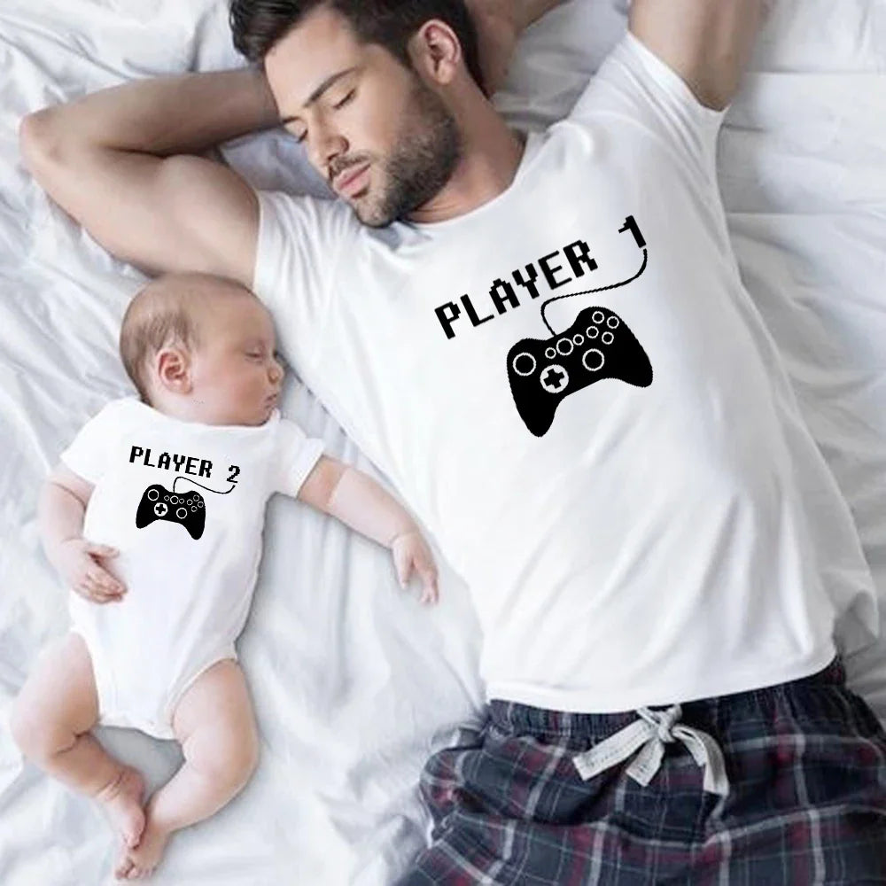 Unisex Player 1 and Player 2 family matching shirts in a soft cotton blend, great for gifts.