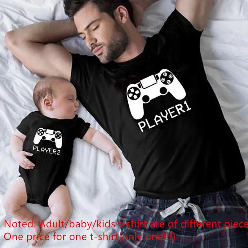 Unisex matching gamer family shirts, 'Player 1' and 'Player 2' design, durable casual wear.