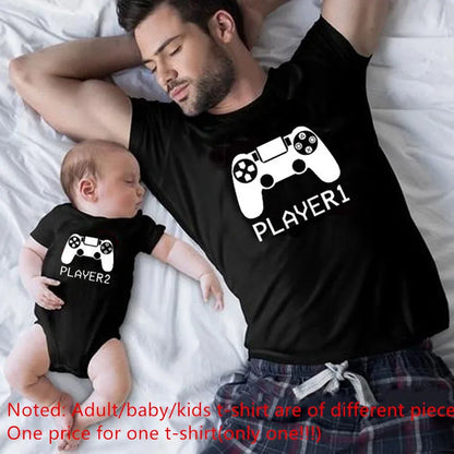 Unisex matching gamer family shirts, 'Player 1' and 'Player 2' design, durable casual wear.