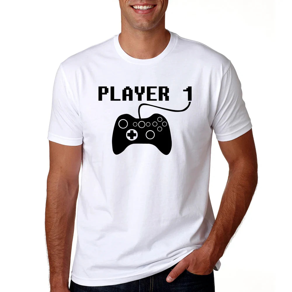 Cotton blend Player 1 and Player 2 shirts for mom, dad, and baby, ideal for family photo.