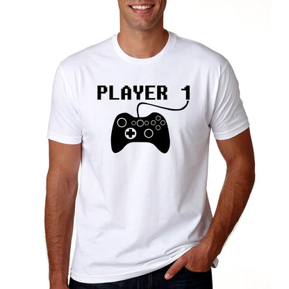 Cotton blend Player 1 and Player 2 shirts for mom, dad, and baby, ideal for family photo.