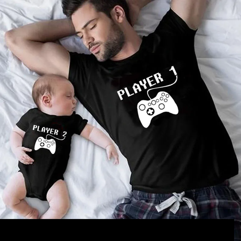 Player 1 & Player 2 matching shirts for the whole family, fun gamer theme, kids apparel.