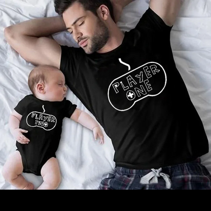 Mom, Dad, and baby matching Player 1 & Player 2 shirts, perfect for a gamer family.