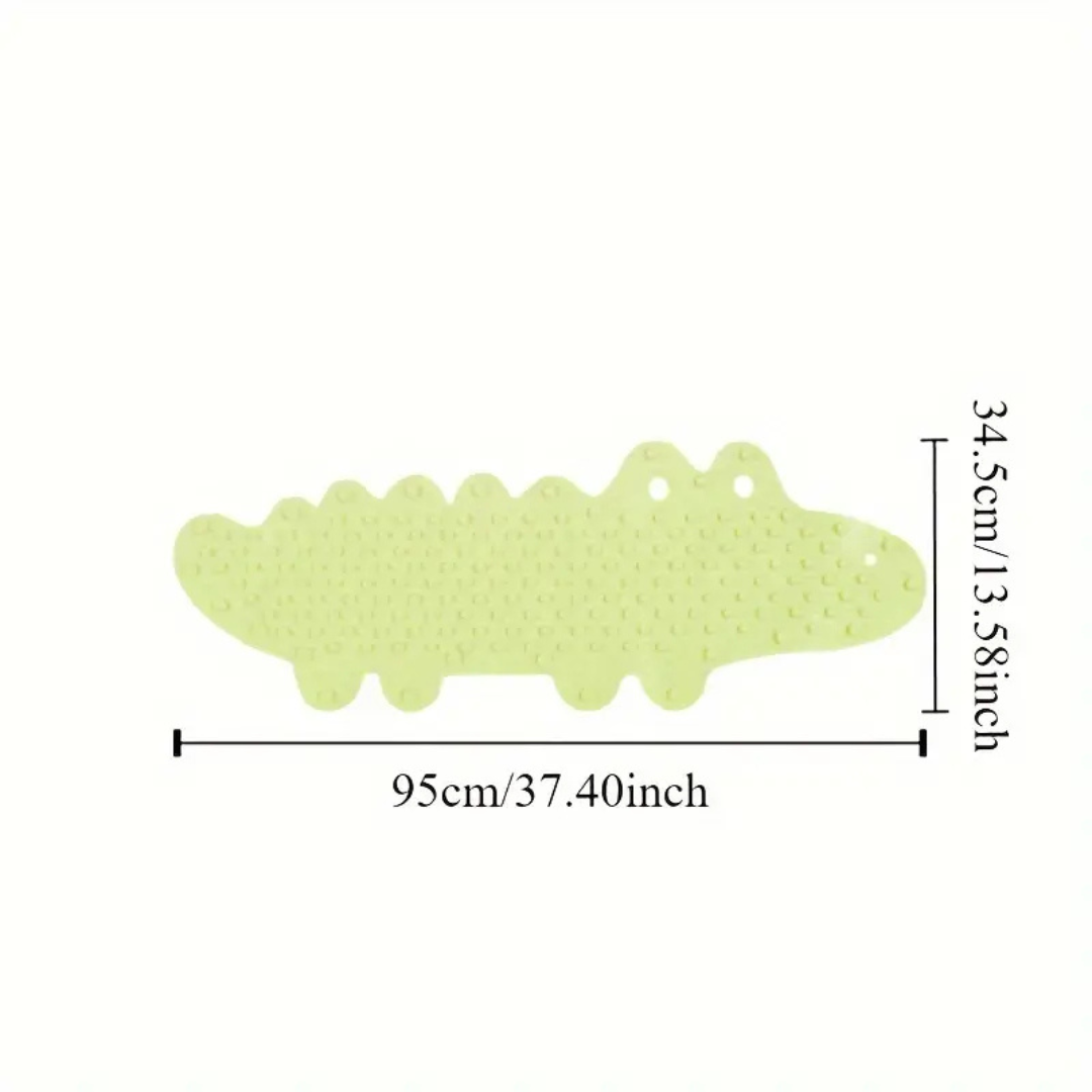 Close-up of textured PVC kids' non-slip bath mat featuring a fun crocodile design.