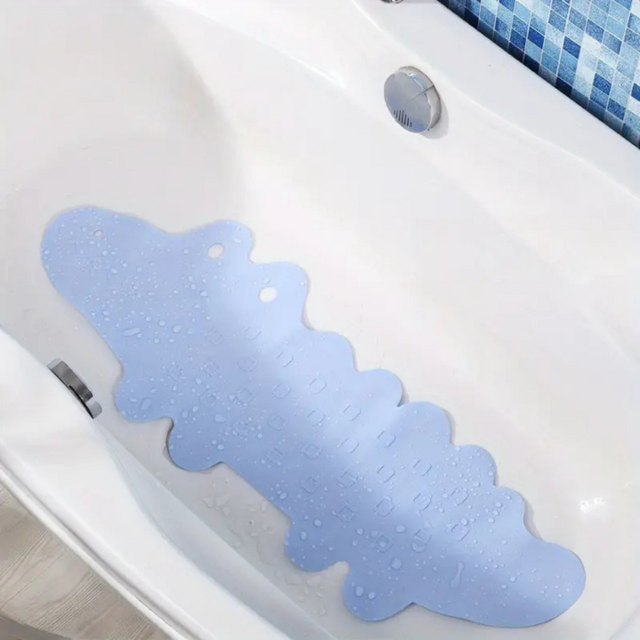 Durable PVC non-slip bath mat for kids, designed with a cute crocodile for bathroom safety.