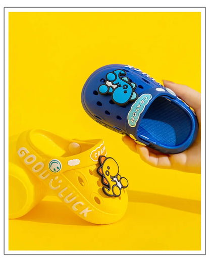 Active toddler boy exploring in blue cartoon non-slip sandals, durable summer footwear