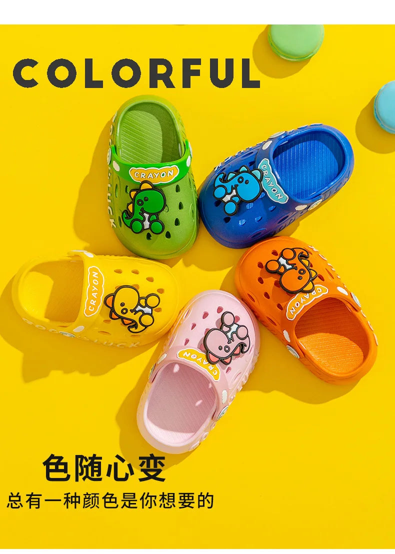Side view of a blue cartoon summer sandal for boys, durable non-slip baby footwear