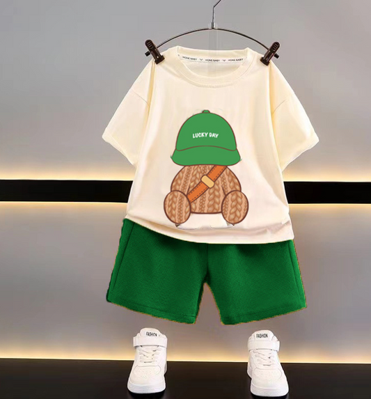 Playful toddler summer outfit set, cotton blend, in bright colors, perfect for active kids' casual wear.