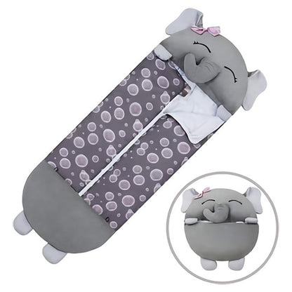 Kids' plush animal sleeping bag, perfect for sleepovers, with built-in pillow, cute design.